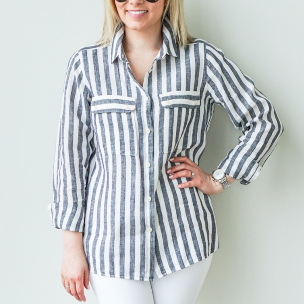 Lucky Brand striped menswear inspired shirt placard pockets size medium